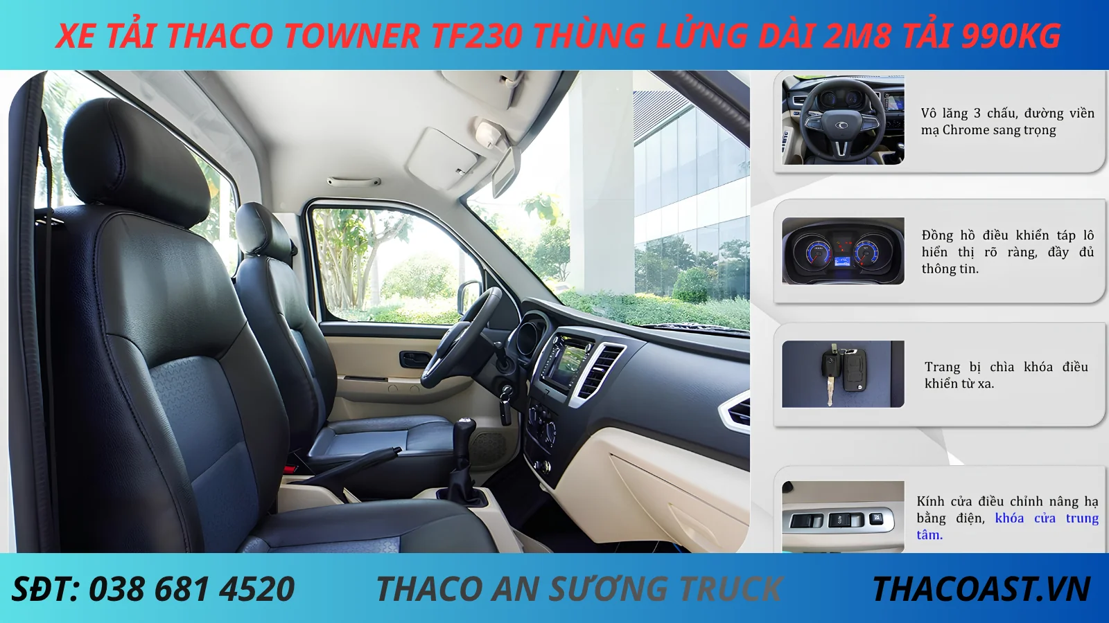 NỘI THẤT XE TẢI THACO TOWNER TF230 THÙNG LỬNG DÀI 2M8 TẢI 990KG