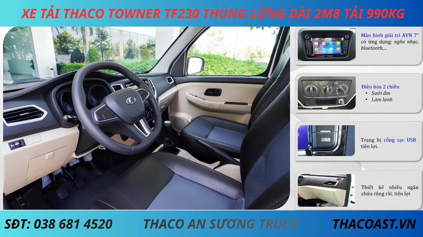 NỘI THẤT XE TẢI THACO TOWNER TF230 THÙNG LỬNG DÀI 2M8 TẢI 990KG