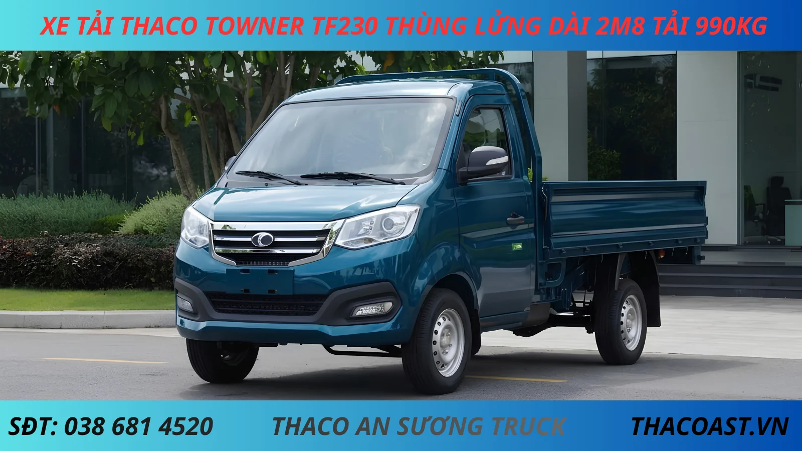 XE TẢI THACO TOWNER TF230 THÙNG LỬNG DÀI 2M8 TẢI 990KG MÀU XANH