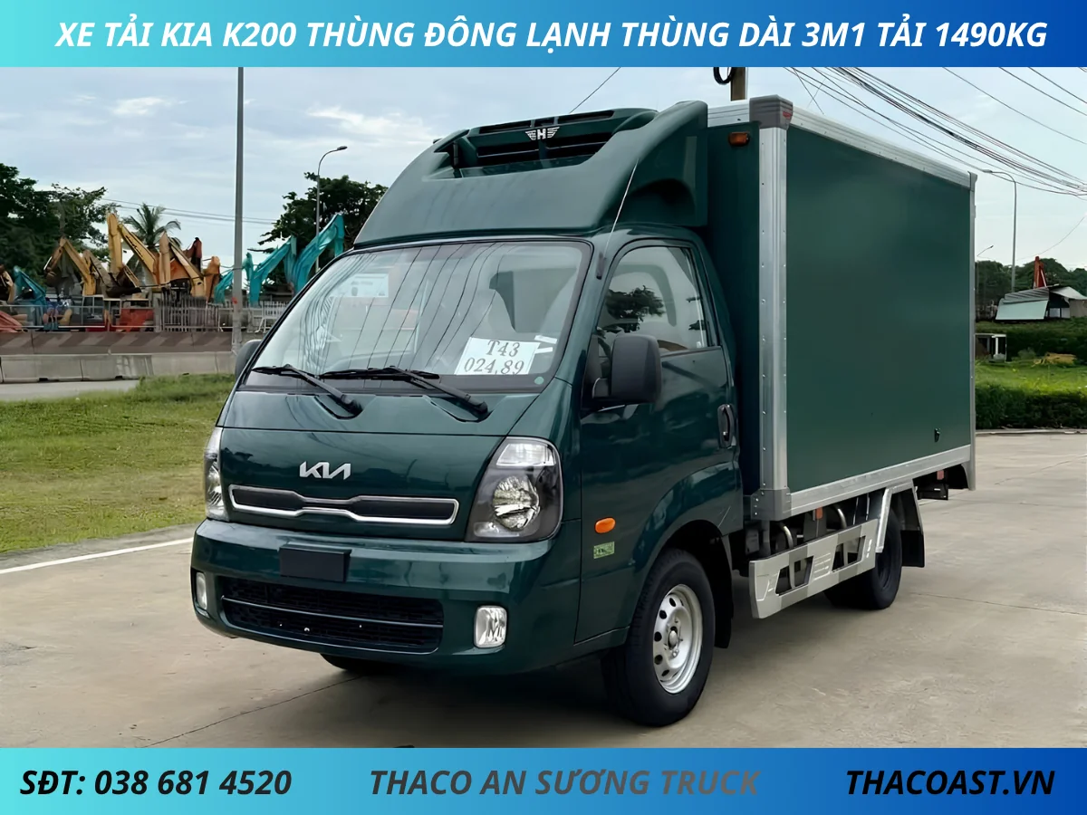 XE TẢI KIA K200 THÙNG ĐÔNG LẠNH DÂIF 3M1 TẢI 1490KG MÀU RÊU