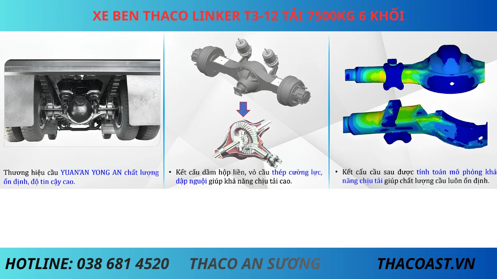 CẦU SAU XE BEN THACO LINKER T3-12 TẢI TRỌNG 7.5 TẤN THỂ TÍCH THÙNG 6 KHỐI