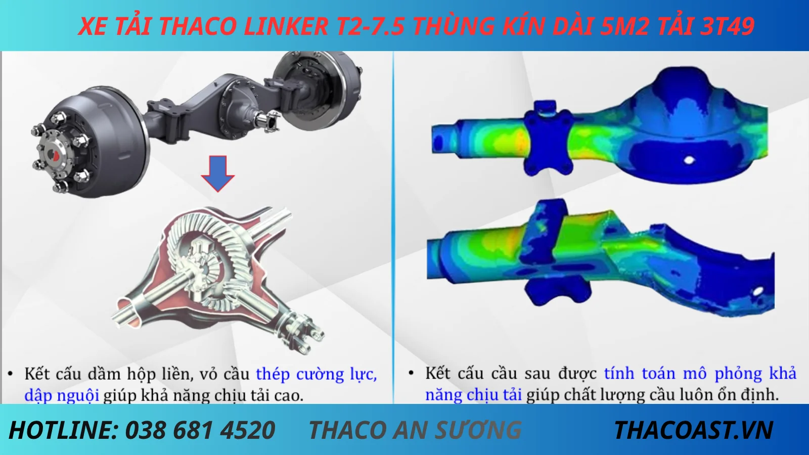 CẦU SAU XE TẢI 3 TẤN 5 THACO LINKER T2-7.5 THÙNG KÍN DÀI 5M2