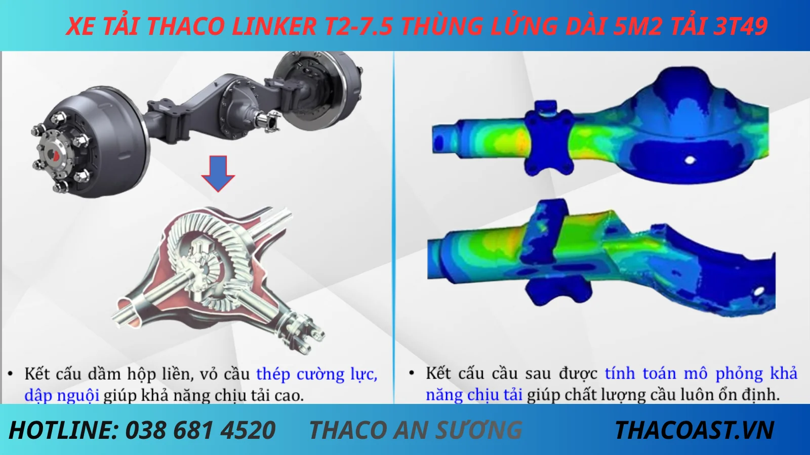 CẦU SAU XE TẢI THACO LINKER T2-7.5 THÙNG LỬNG DÀI 5M2 TẢI 3 TẤN 5