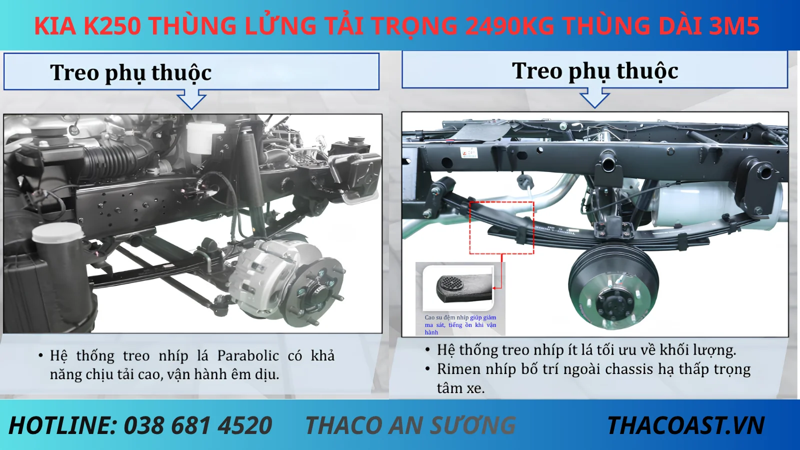 hỆ THỐNG TREO XE TẢI THÙNG LỬNG KIA K250 THÙNG DÀI 3M5 TẢI TRỌNG 2490KG