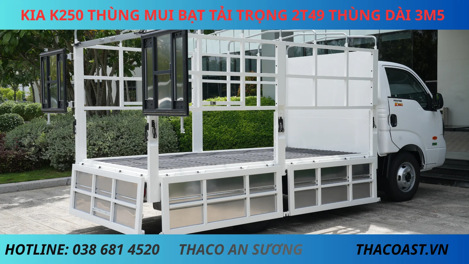 KIA K250 THÙNG MUI BẠT TẢI TRỌNG 2T49 THÙNG DÀI 3M5
