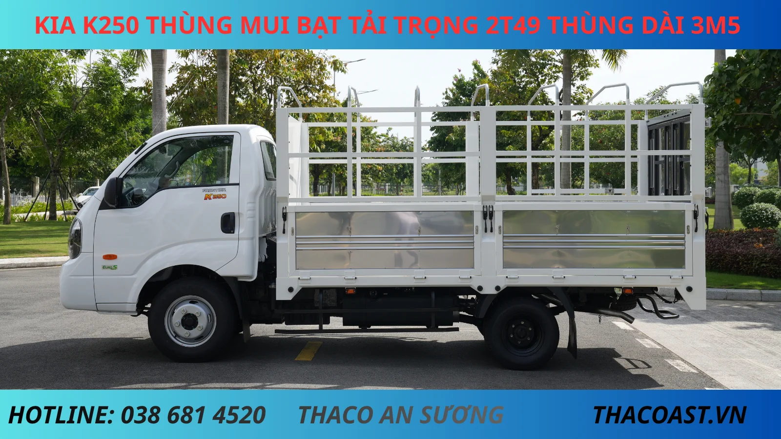 KIA K250 THÙNG MUI BẠT TẢI TRỌNG 2T49 THÙNG DÀI 3M5
