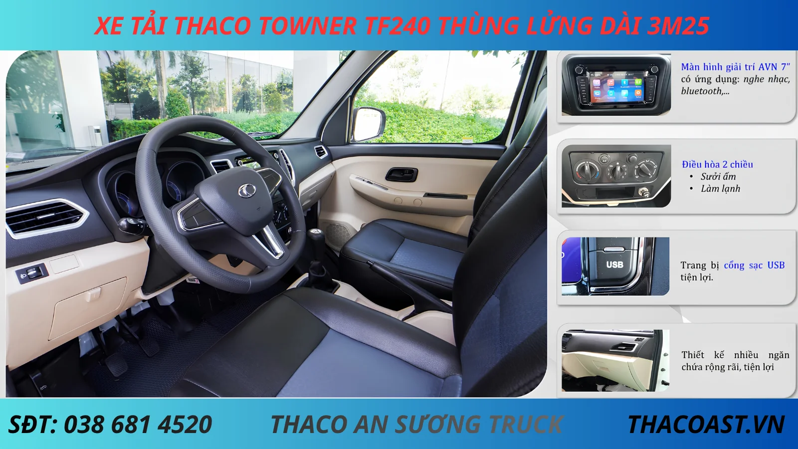 NỘI THẤT XE TẢI NHẸ 1T5 TF240 THÙNG LỬNG DÀI 3M25