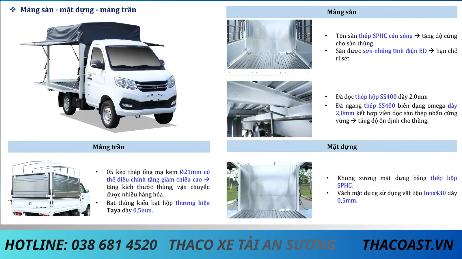 THÙNG XE TẢI THÙNG MUI BẠT MỞ VĨ TF220 THÙNG DÀI 2M3 TẢI DƯỚI 1 TẤN