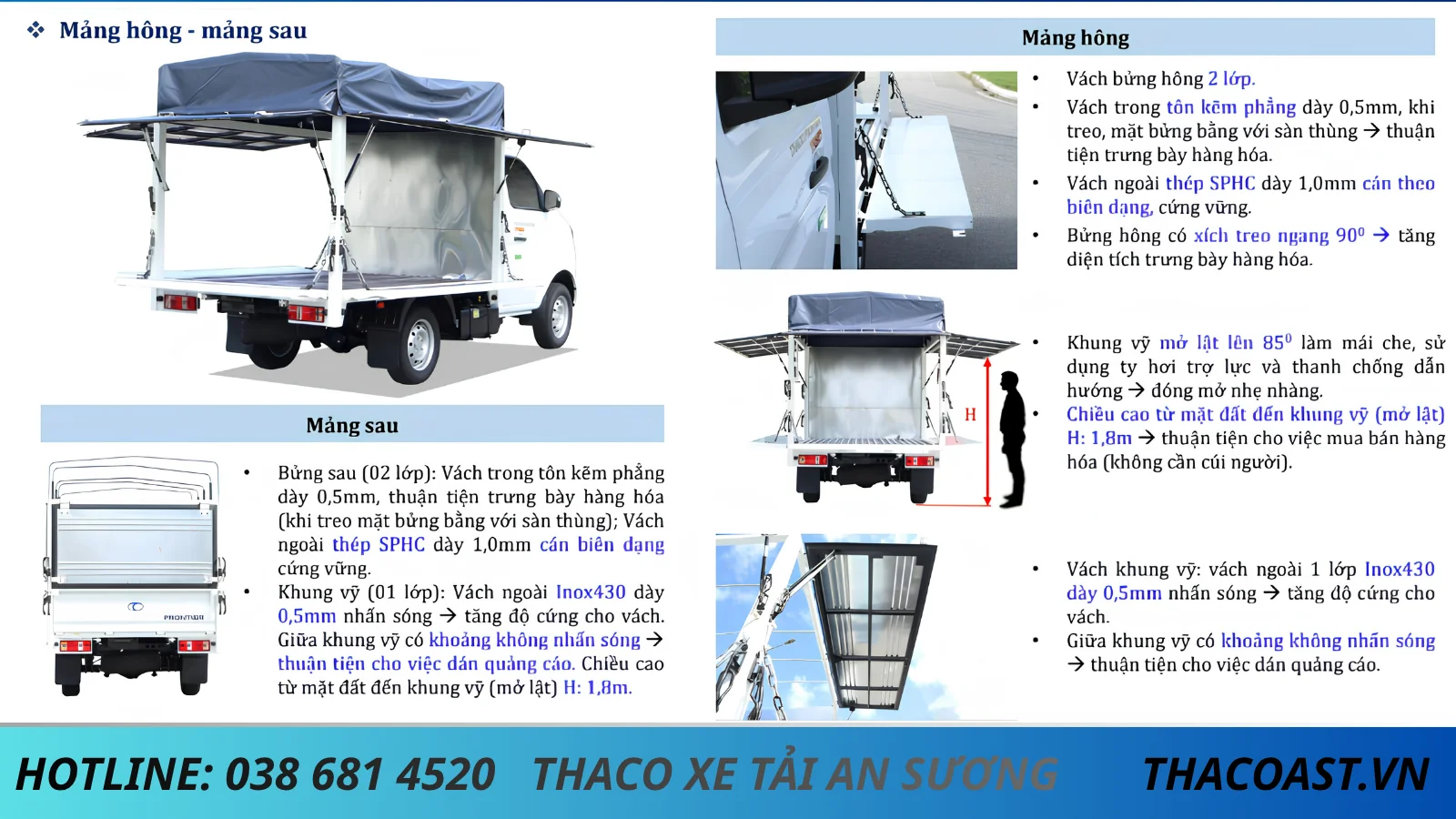 THÙNG XE TẢI THÙNG MUI BẠT MỞ VĨ TF220 THÙNG DÀI 2M3 TẢI DƯỚI 1 TẤN