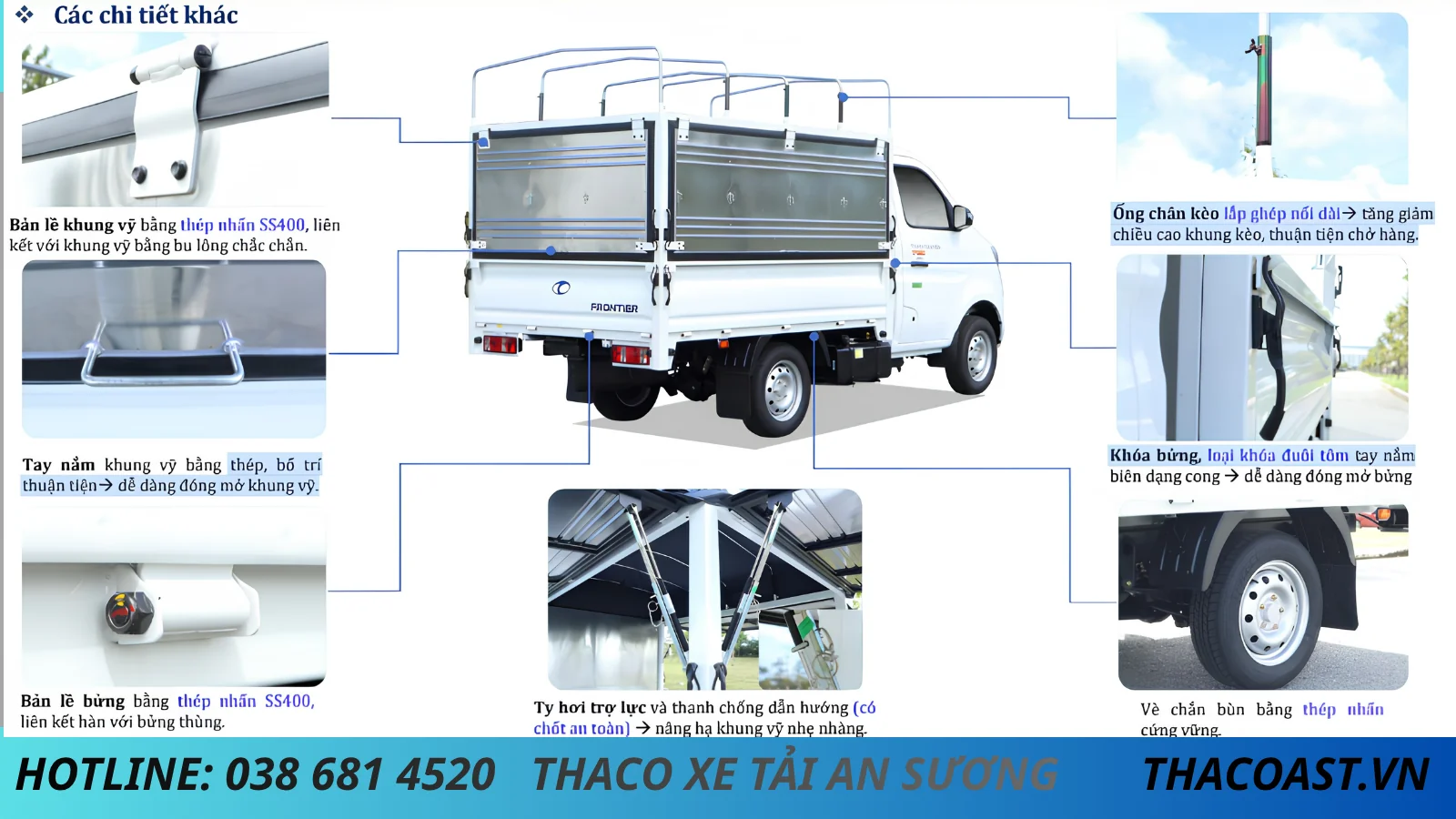 THÙNG XE TẢI THÙNG MUI BẠT MỞ VĨ TF220 THÙNG DÀI 2M3 TẢI DƯỚI 1 TẤN