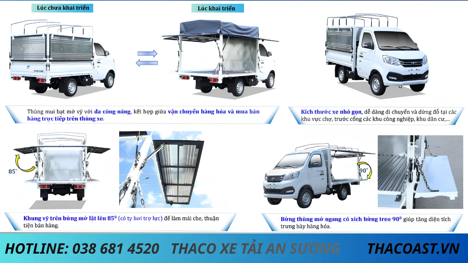 THÙNG XE TẢI THÙNG MUI BẠT MỞ VĨ TF220 THÙNG DÀI 2M3 TẢI DƯỚI 1 TẤN