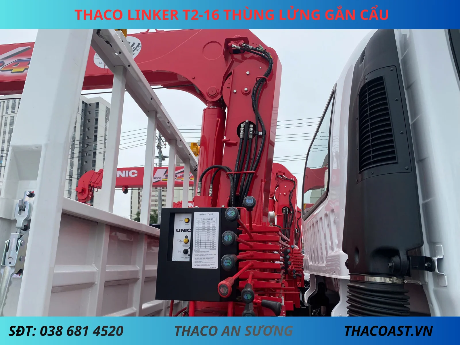 Thùng xe tải Thaco Linker T2-16 thùng lửng cắn cẩu Unic URV343