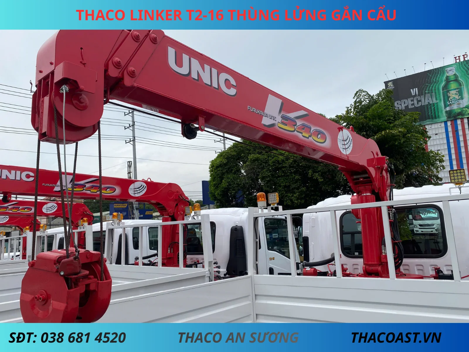 Thùng xe tải Thaco Linker T2-16 thùng lửng cắn cẩu Unic URV343