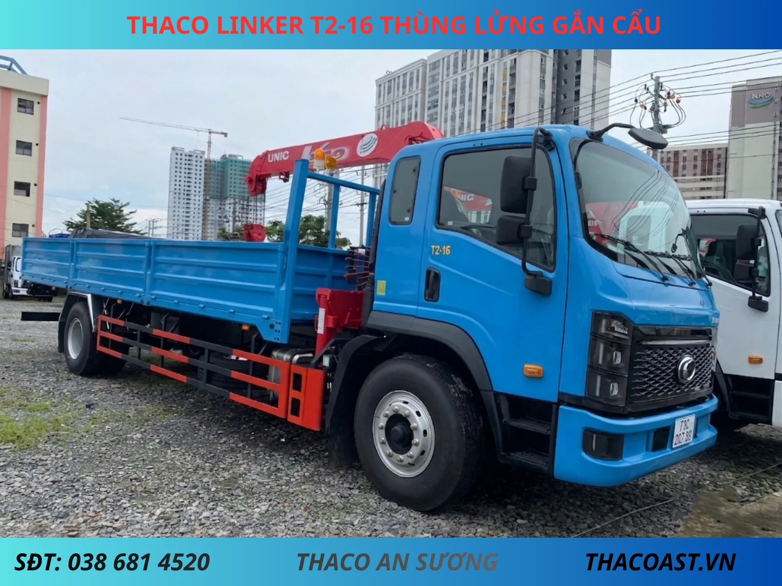 THACO LINKER T2-16 Thùng Lửng gắn cẩu UNIC URV343 màu xanh dương