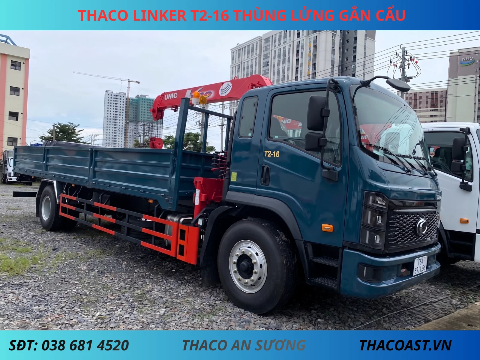THACO LINKER T2-16 Thùng Lửng gắn cẩu UNIC URV343 màu xanh