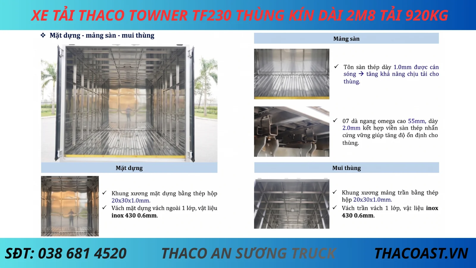 KẾT CẤU THÙNG XE TẢI NHẸ THACO TF230 THÙNG KÍN DÀI 2M8 TẢI 920KG