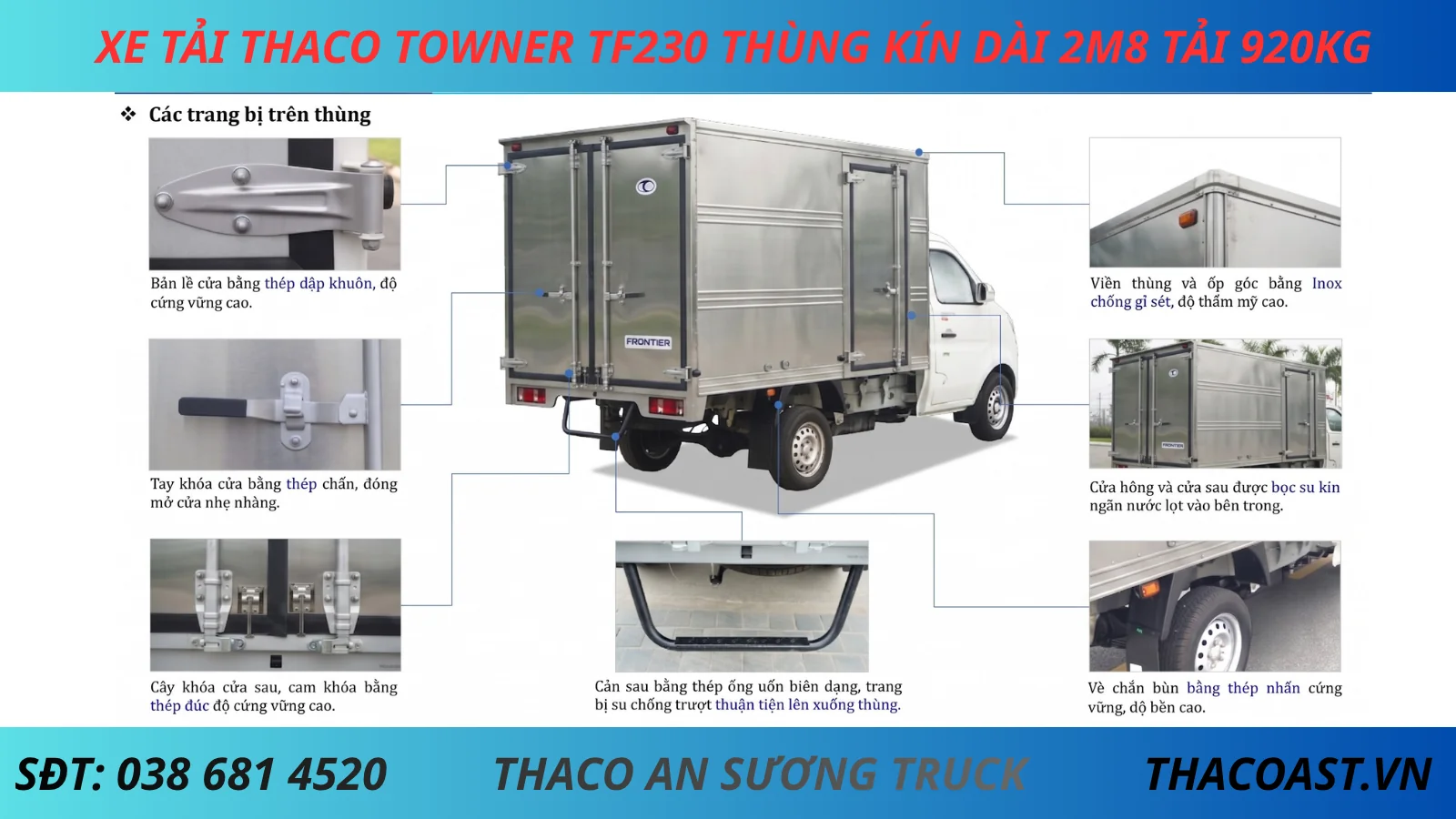 KẾT CẤU THÙNG XE TẢI NHẸ THACO TF230 THÙNG KÍN DÀI 2M8 TẢI 920KG