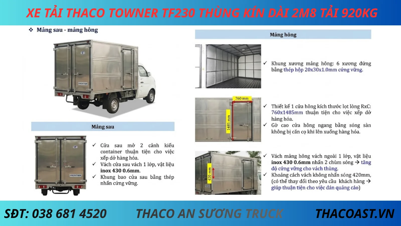 KẾT CẤU THÙNG XE TẢI NHẸ THACO TF230 THÙNG KÍN DÀI 2M8 TẢI 920KG