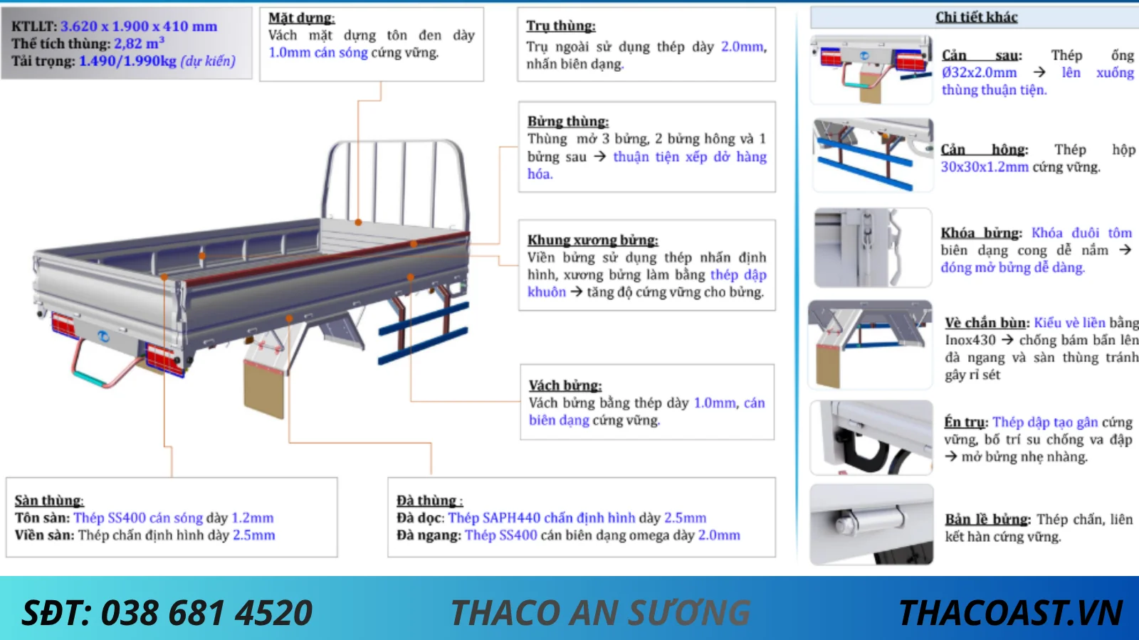 KẾT CẤU THÙNG LỬNG XE TẢI 2 TẤN THACO LINKER T2-5.0 THÙNG LỬNG DÀI 3M6