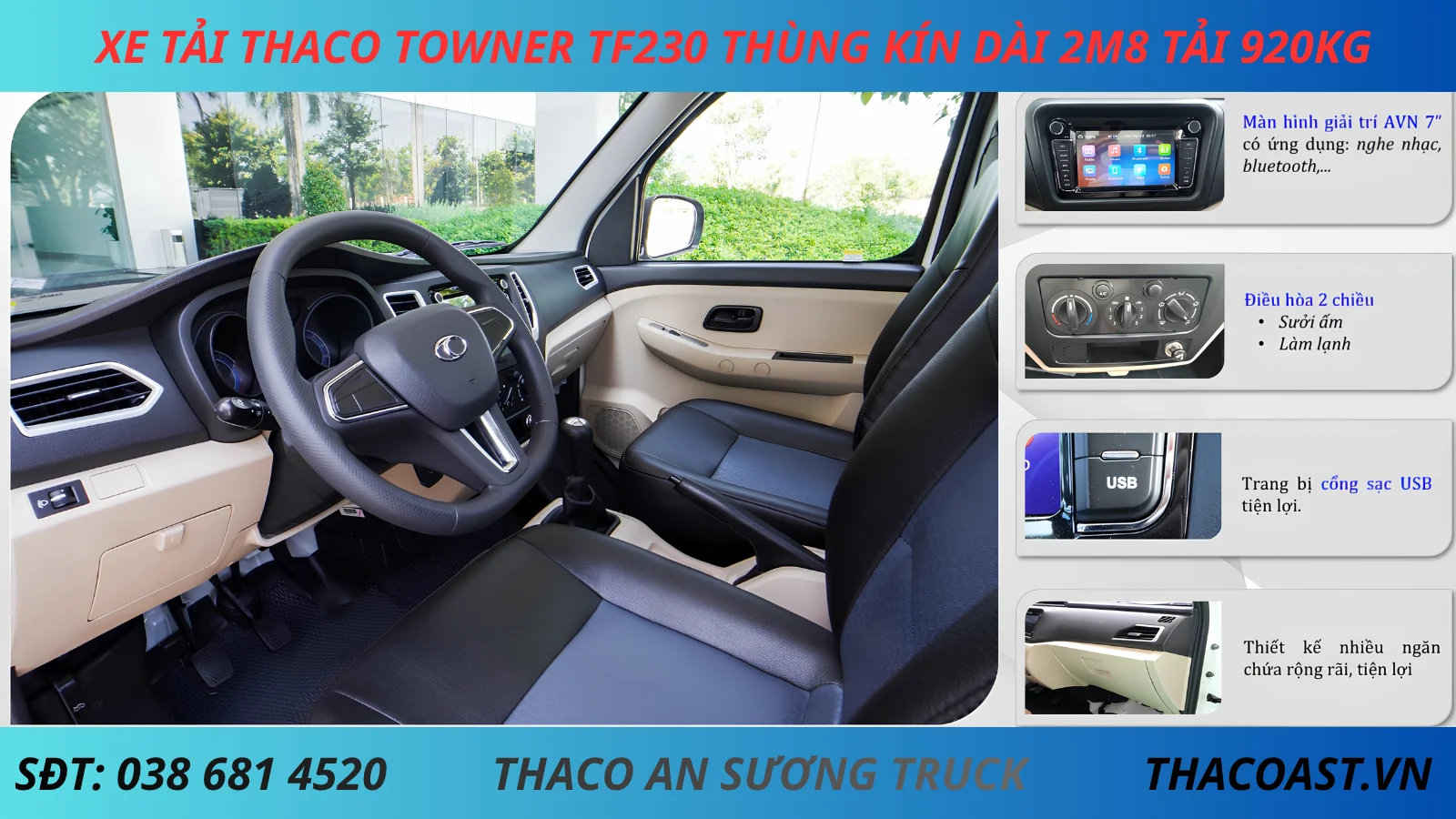 TIỆN NGHI XE TẢI NHẸ THACO TF230 THÙNG KÍN DÀI 2M8 TẢI 920KG