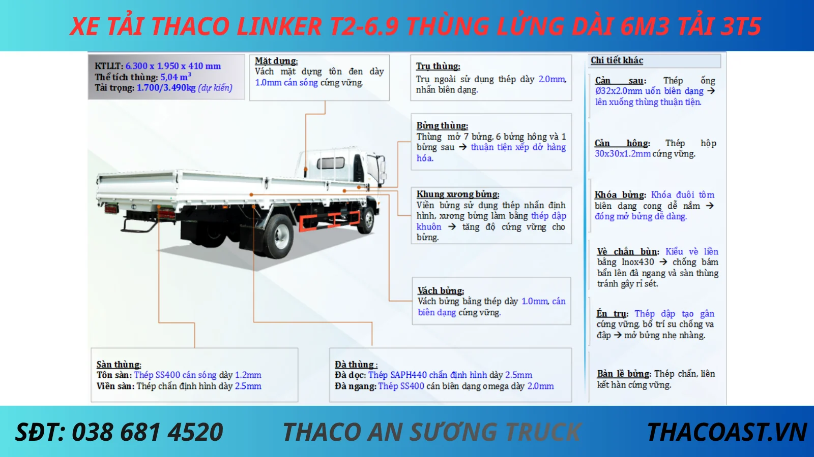 XE TẢI 3T5 THACO LINKER T2-6.9 THÙNG LỬNG DÀI 6M3