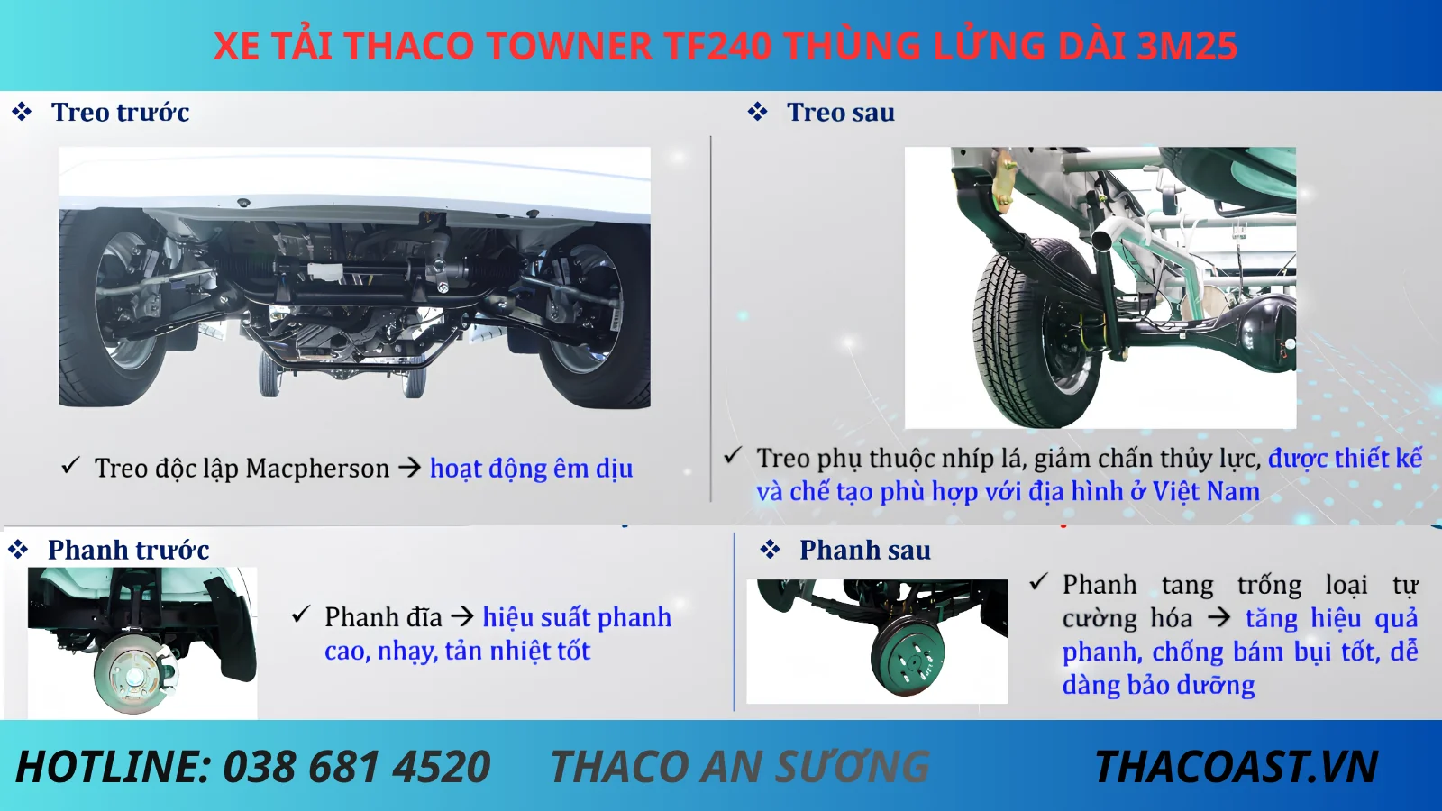 HỆ THỐNG TREO VÀ PHANH XE TẢI NHẸ 1T5 TF240 THÙNG LỬNG DÀI 3M25