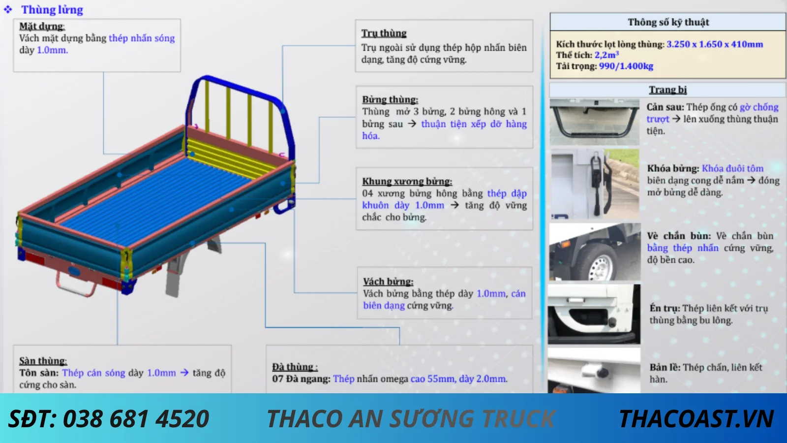 KẾT CẤU THÙNG XE TẢI NHẸ 1T5 TF240 THÙNG LỬNG DÀI 3M25