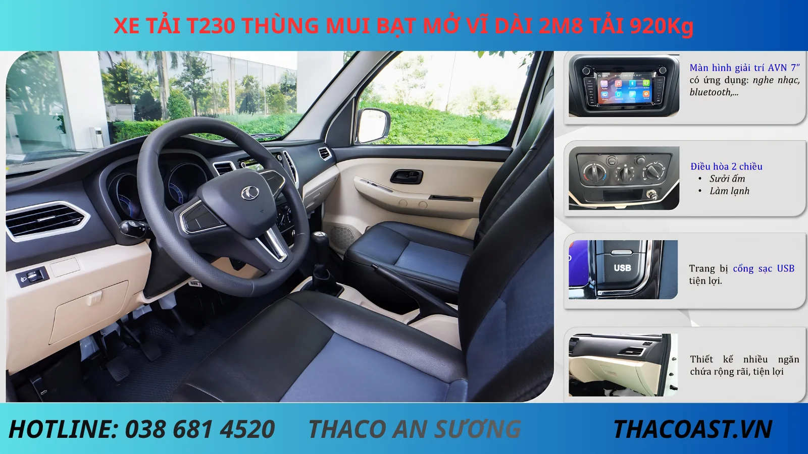 nội thất Thaco Frontier TF230 thùng mui bạt mở vỉ