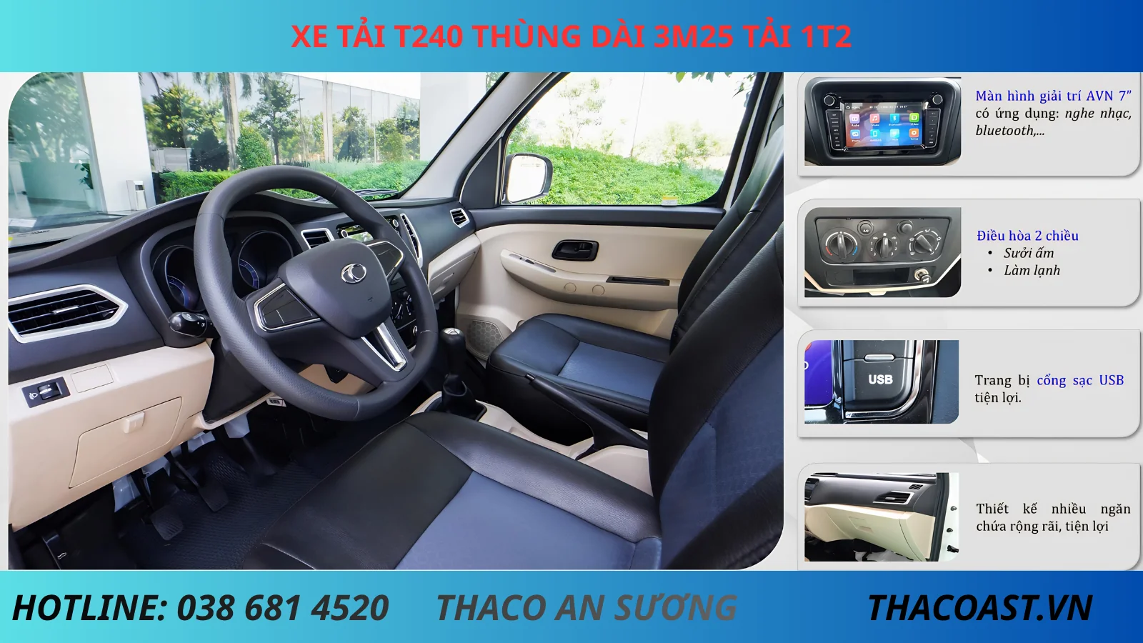 NỘI THẤT Xe tải TF240 thùng kín dài 3m25 tải 1T2