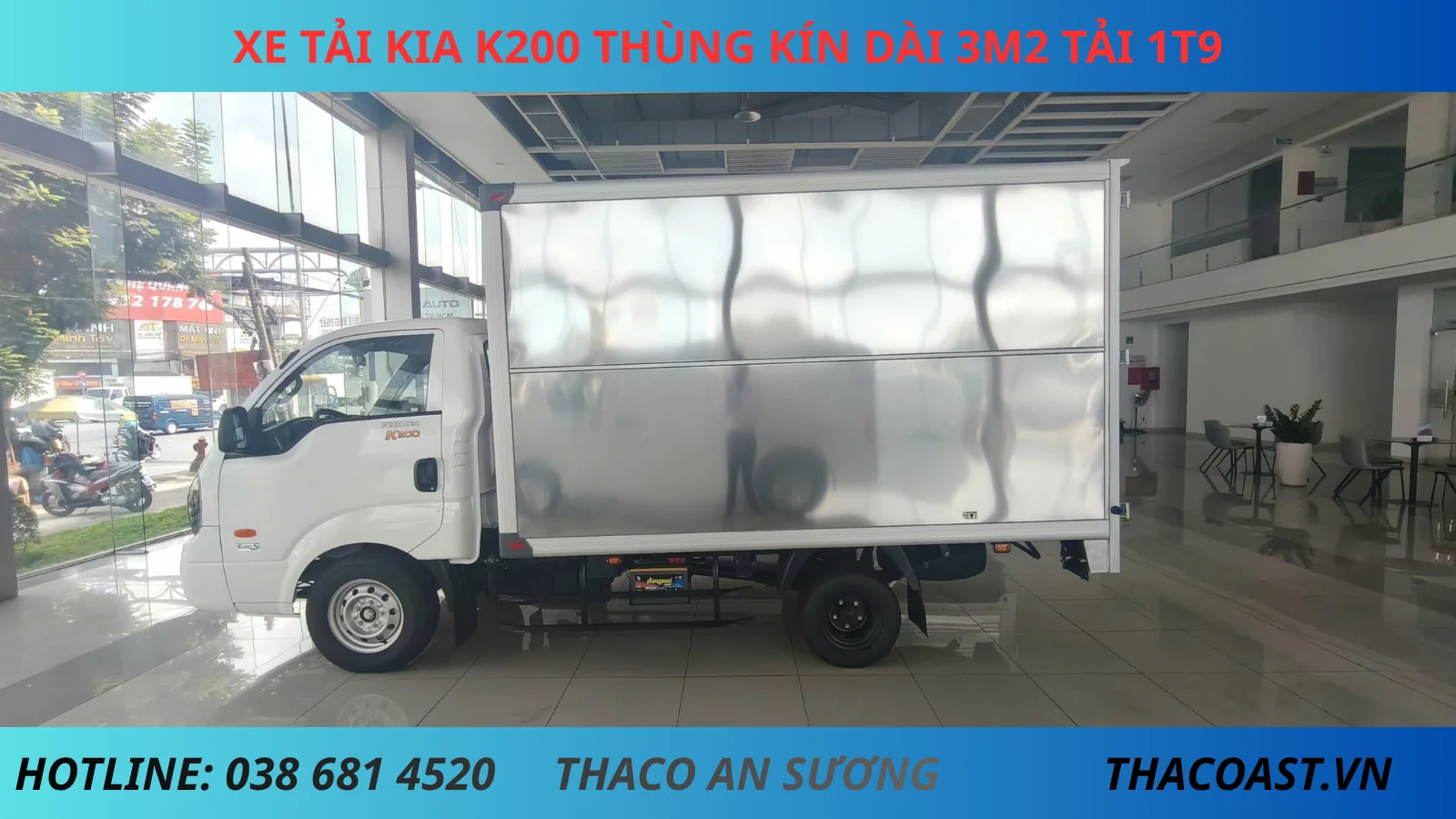 Ảnh thân xe Kia K200 thùng kín, thùng dài 3m2 tải trọng 1t49/1t9