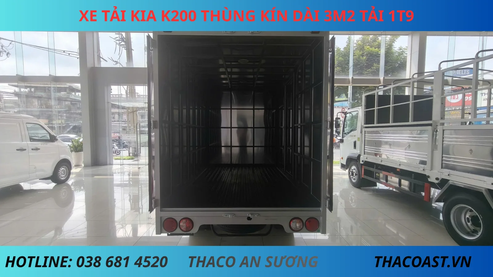 thùng xe của xe tải thùng kín Kia K200 dài 3m2, rộng 1m67, cao 1m83