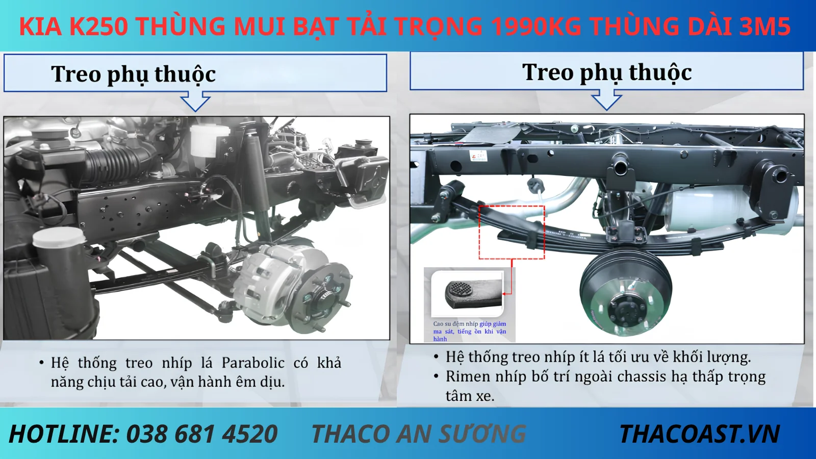 HỆ THỐNG TREO XE TẢI K190 THÙNG MUI BẠT DÀI 3M5 TẢI TRỌNG 2 TẤN