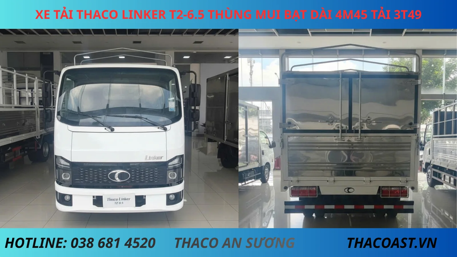 Thaco Linker T2-6.5 thùng mui bạt tải 3.5 tấn thùng dài 4m45, thiết kế hiện đại, vận hành bền bỉ, tiết kiệm nhiên liệu và tối ưu hiệu quả vận tải hàng hóa.
