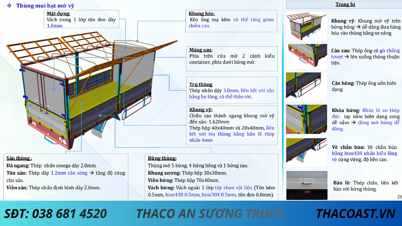 kết cấu thùng XE TẢI KIA 2T5 K250L THÙNG MUI BẠT MỞ VĨ DÀI 4M5