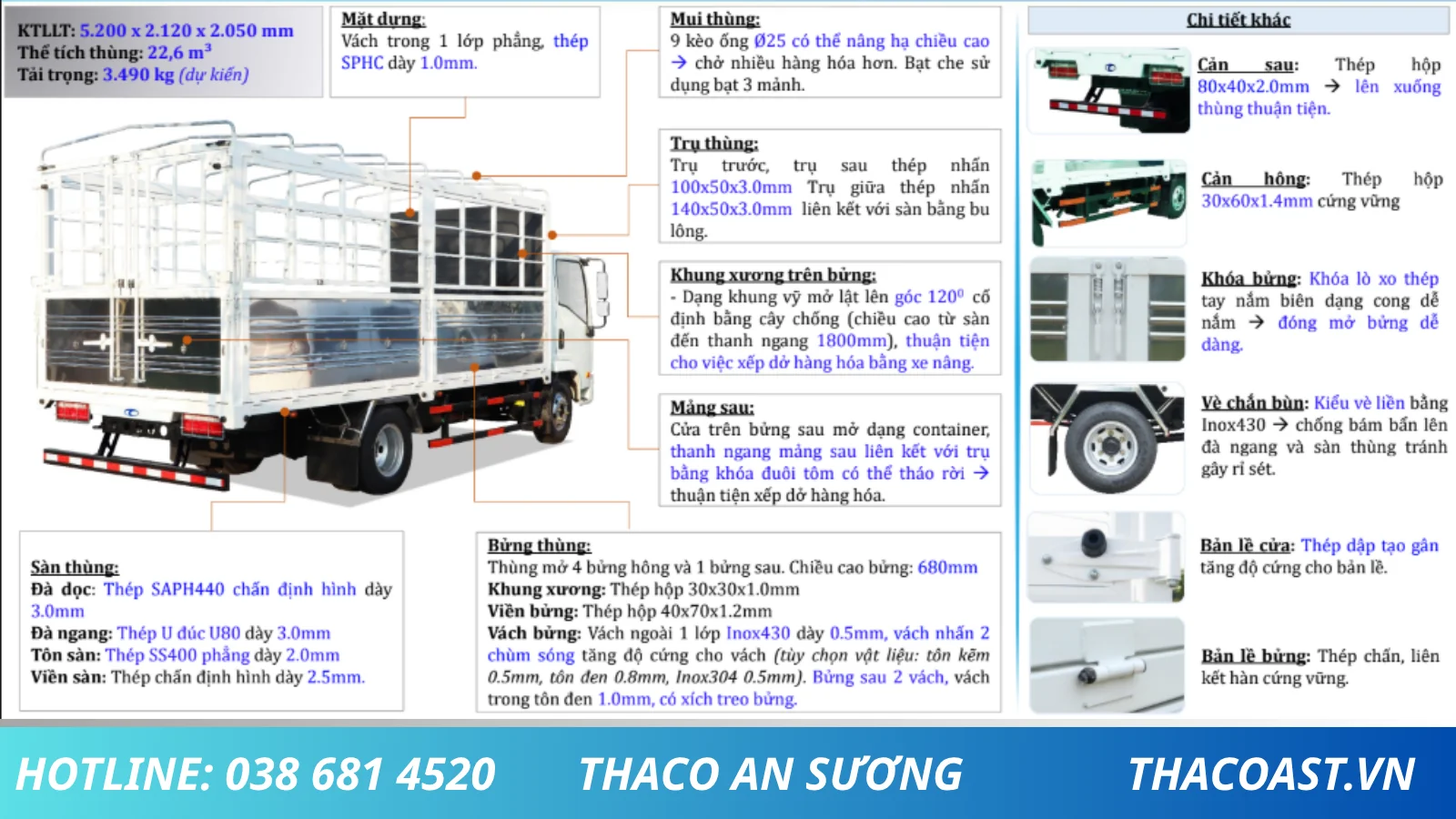KẾT CẤU THÙNG XE TẢI 3 TẤN 5 THACO LINKER T2-7.5 THÙNG MUI BẠT DÀI 5M2
