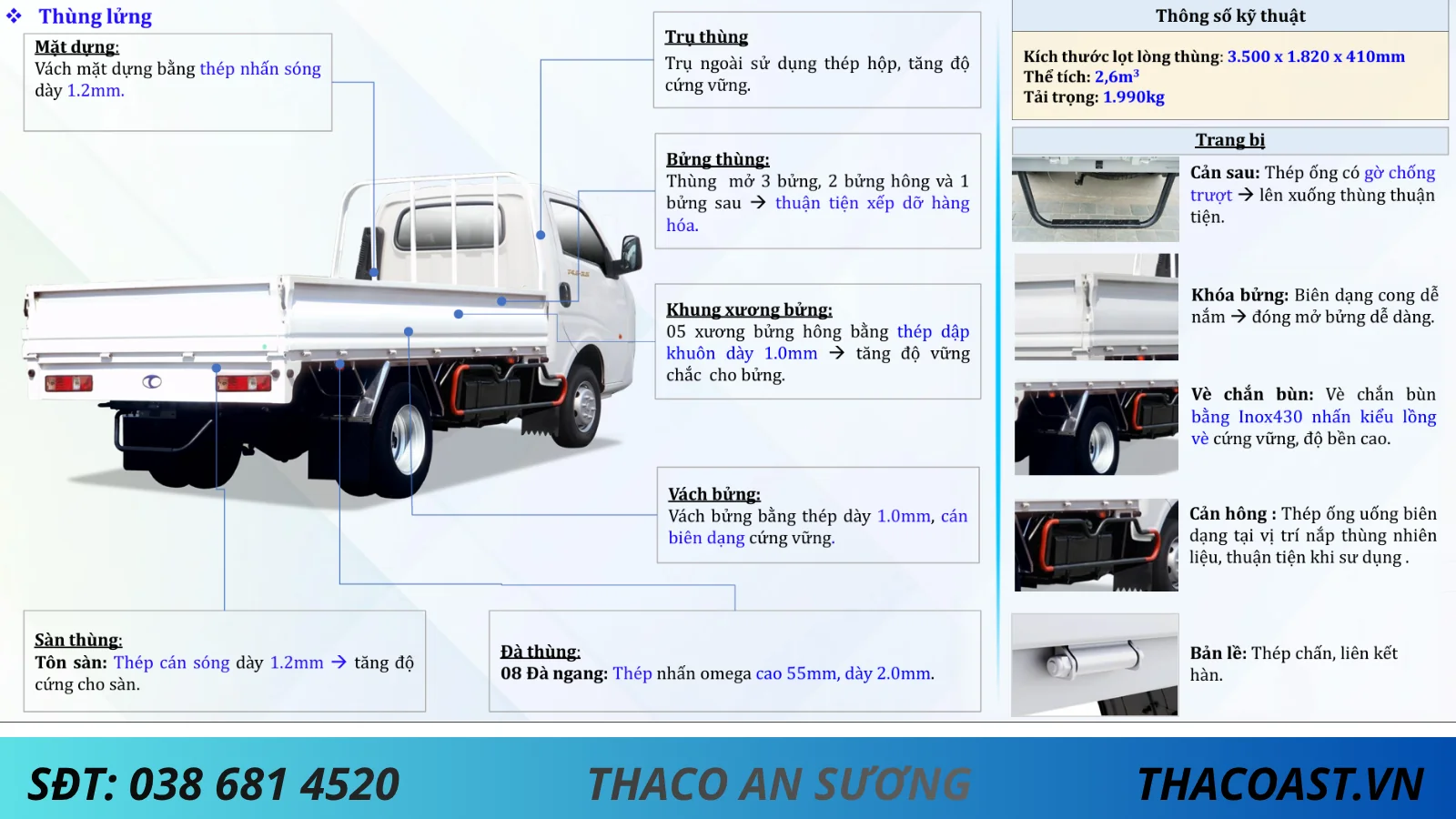 kết cấu thùng XE TẢI 2 TẤN THACO LINKER T4.5-3.5 THÙNG LỬNG DÀI 3M5