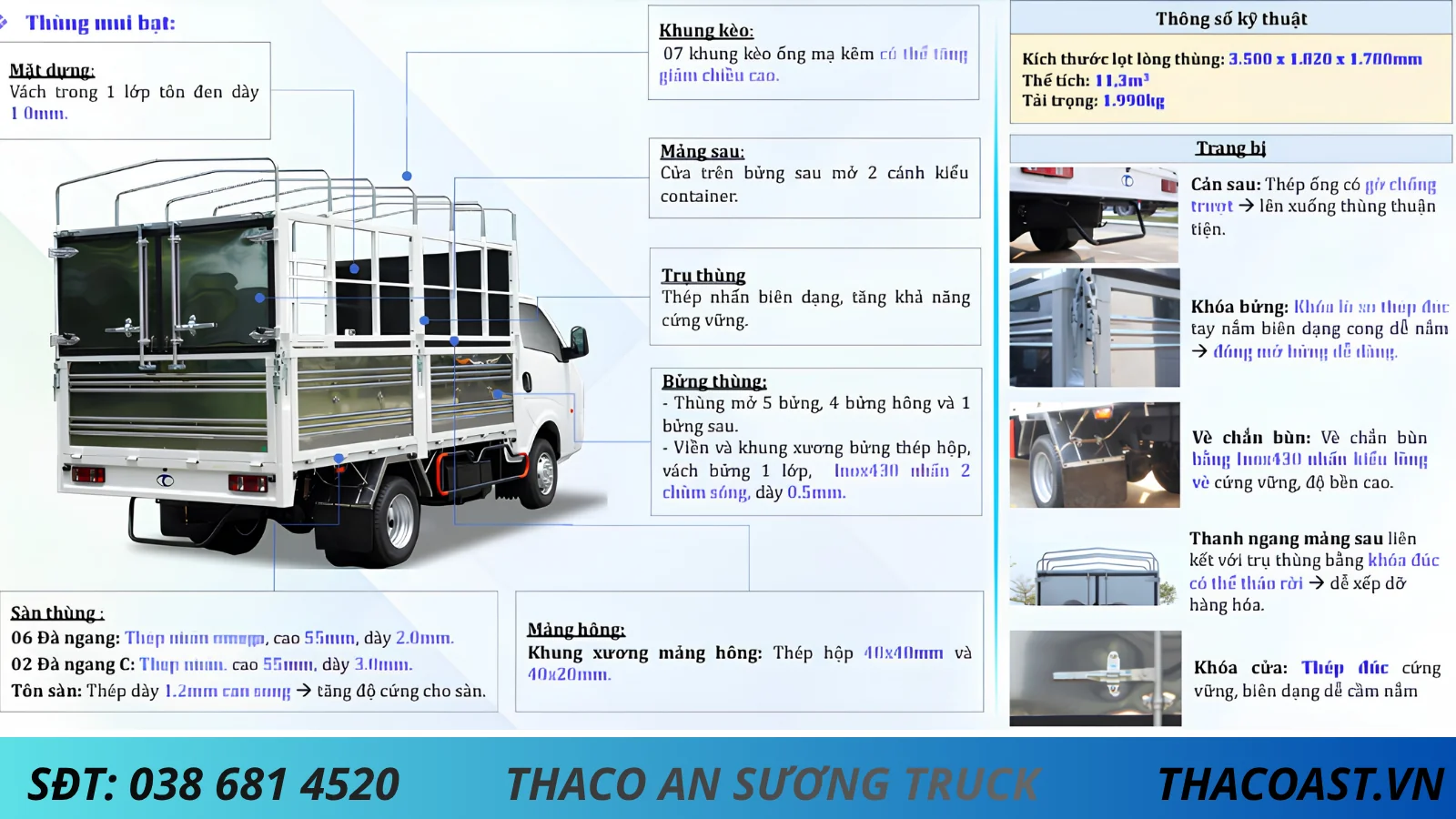 kết cấu thùng mui bạt của XE TẢI 1990KG THACO LINKER T4.5-3.5 THÙNG MUI BẠT 5 BỬNG DÀI 3M5 