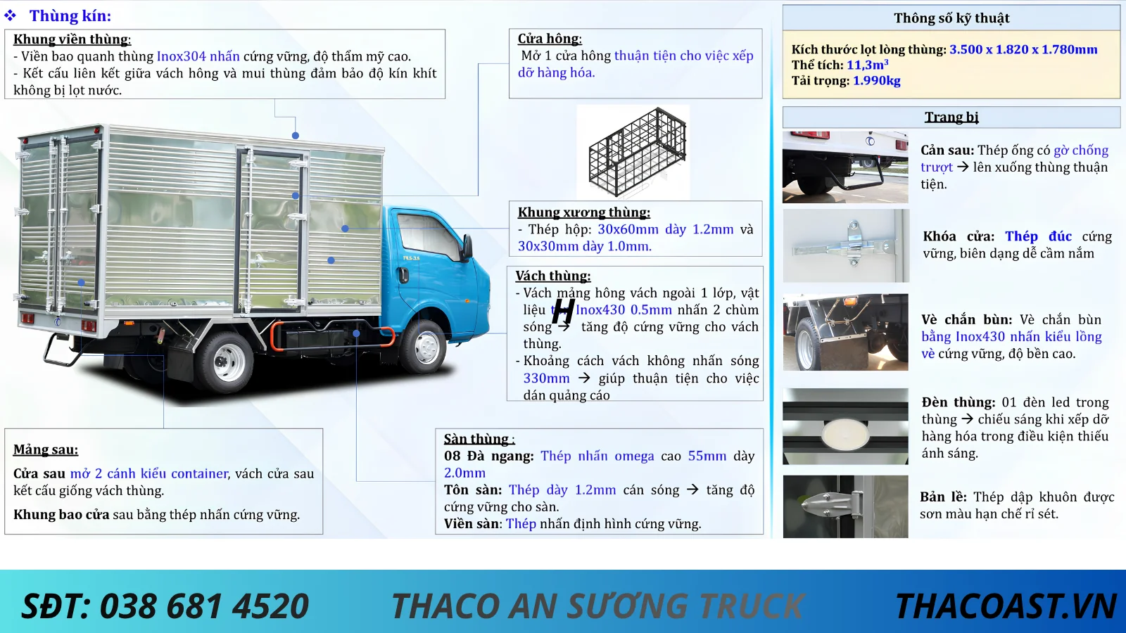 cấu tạo thùng kín xe tải Thaco Linker T4.5-3.5 thùng dài 3m5 tải 1990kg