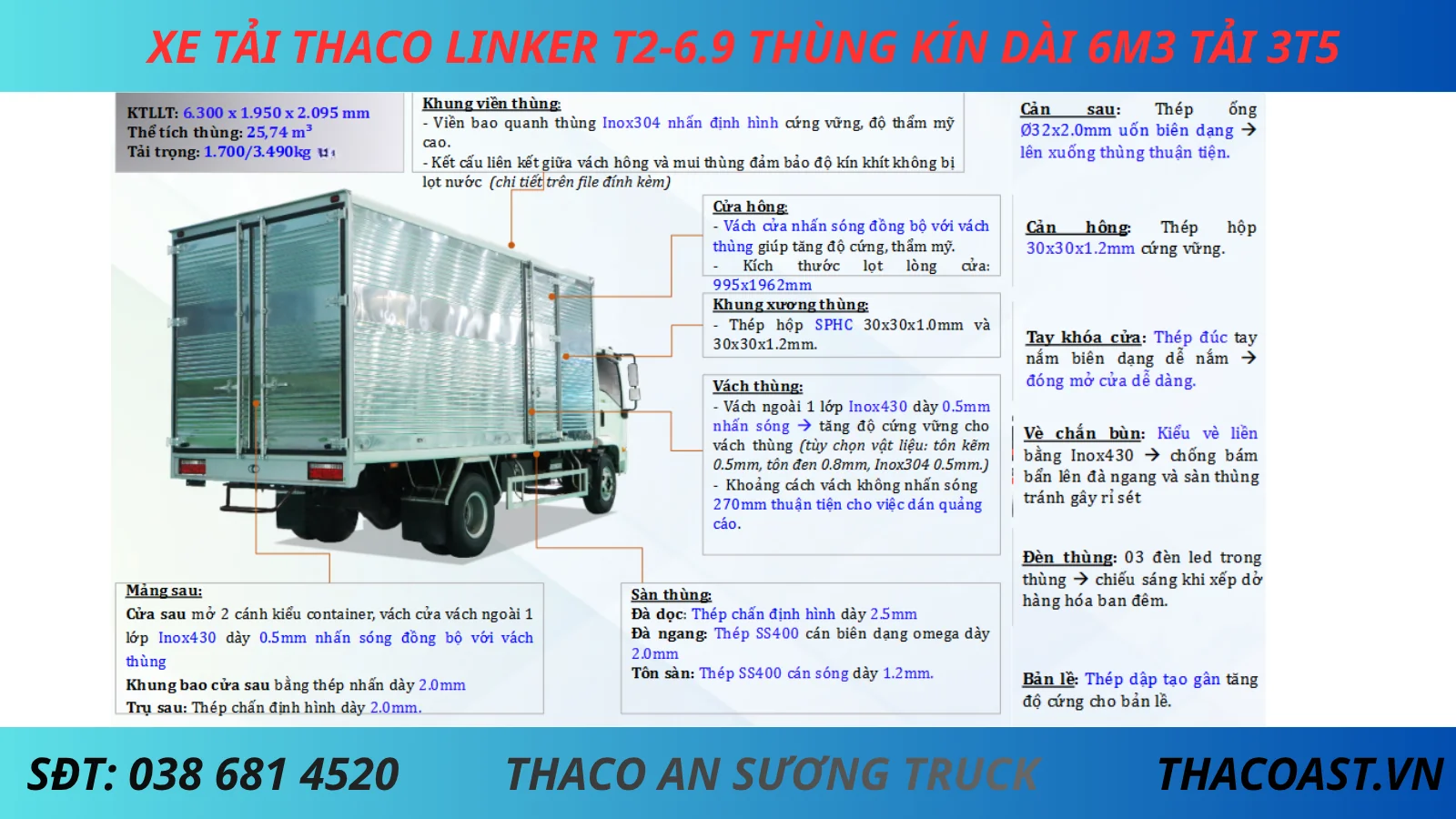 XE TẢI 3T5 THACO LINKER T2-6.9 THÙNG DÀI 6M3 THÙNG KÍN