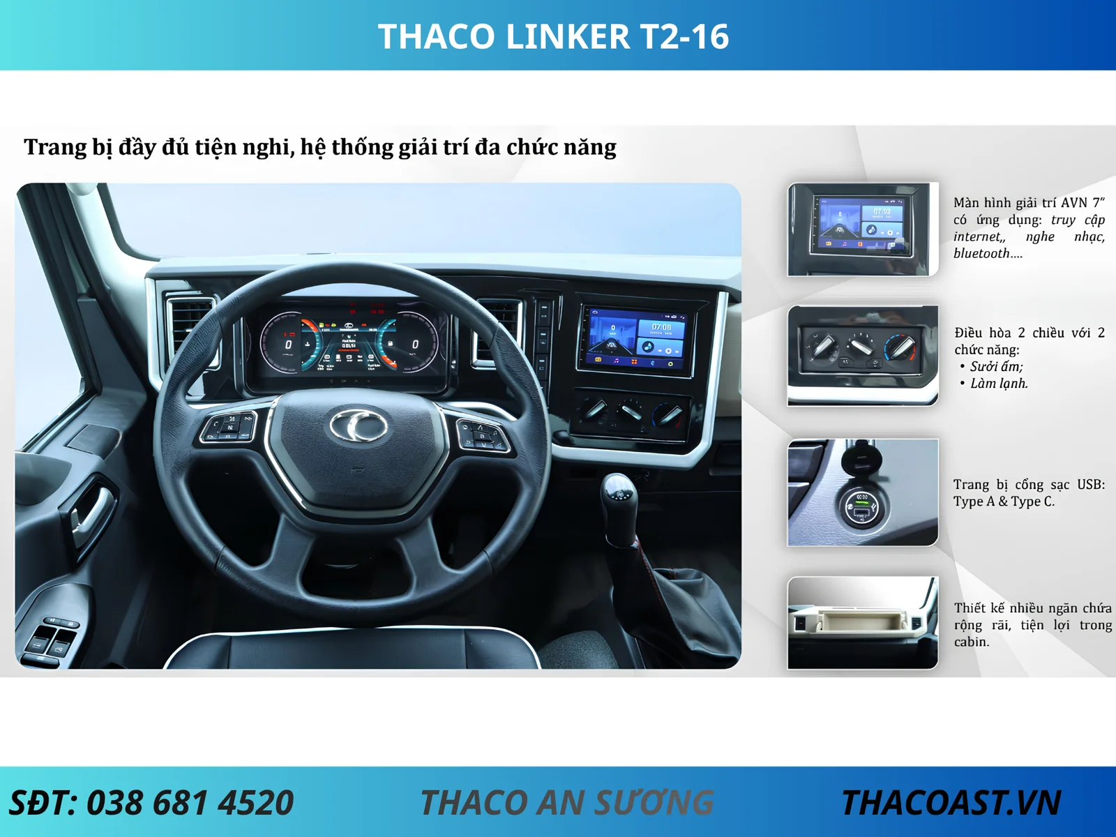 Tiện nghi xe tải Thaco Linker T2-16 thùng lửng cắn cẩu Unic URV343
