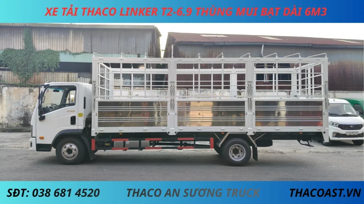 XE TẢI THACO LINKER T2-6.9 THÙNG MUI BẠT DÀI 3M5 (6) XE TẢI 3 TẤN 5 THACO LINKER T2-6.9 THÙNG DÀI 6M3 THÙNG MUI BẠT