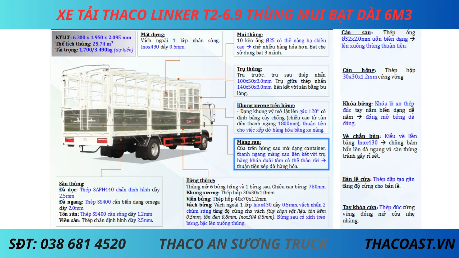 XE TẢI 3T5 THACO LINKER T2-6.9 THÙNG DÀI 6M3 THÙNG MUI BẠT