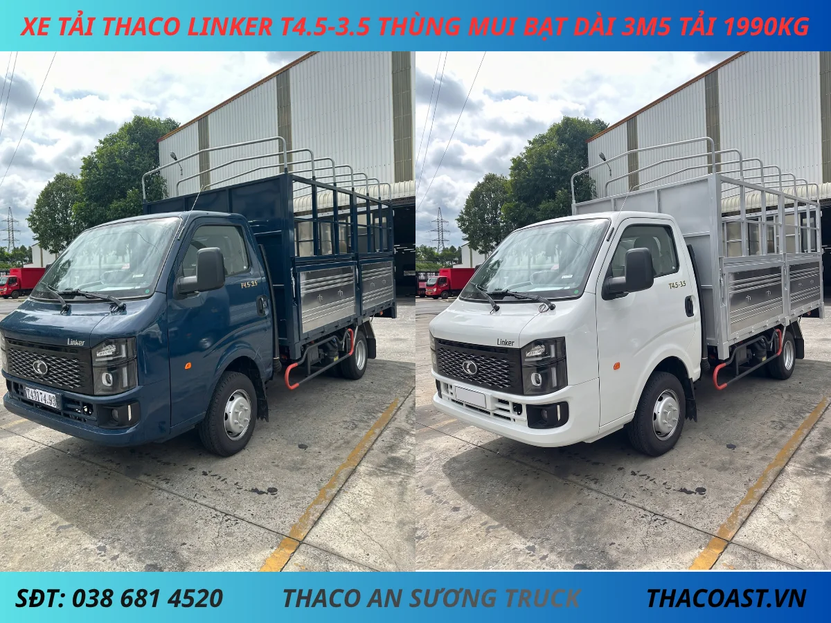 Xe tải Thaco Linker T4.5-3.5 thùng mui bạt dài 3m5 tải 1990kg màu xanh và trắng