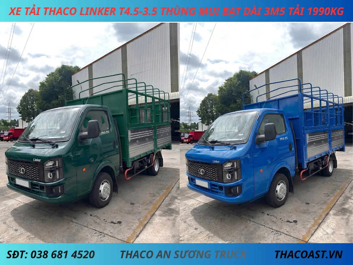 Xe tải Thaco Linker T4.5-3.5 thùng mui bạt dài 3m5 tải 1990kg màu xanh rêu và xanh dương