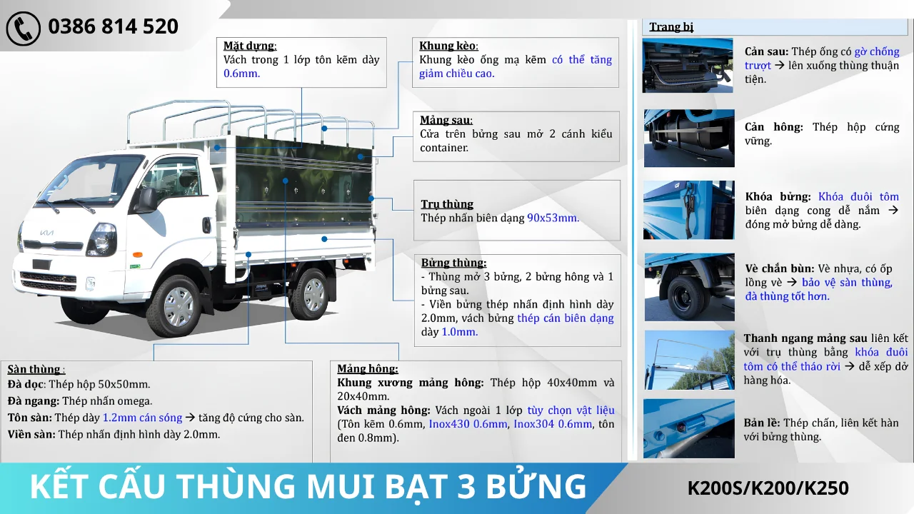 KẾT CẤU THÙNG MUI BẠT MỞ 3 BỬNG