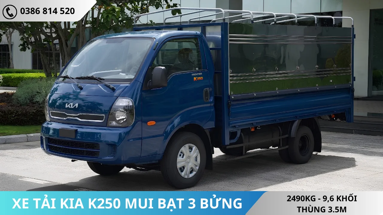 XE TẢI KIA K250 THÙNG MUI BẠT MỞ 3 BỬNG MÀU XANH