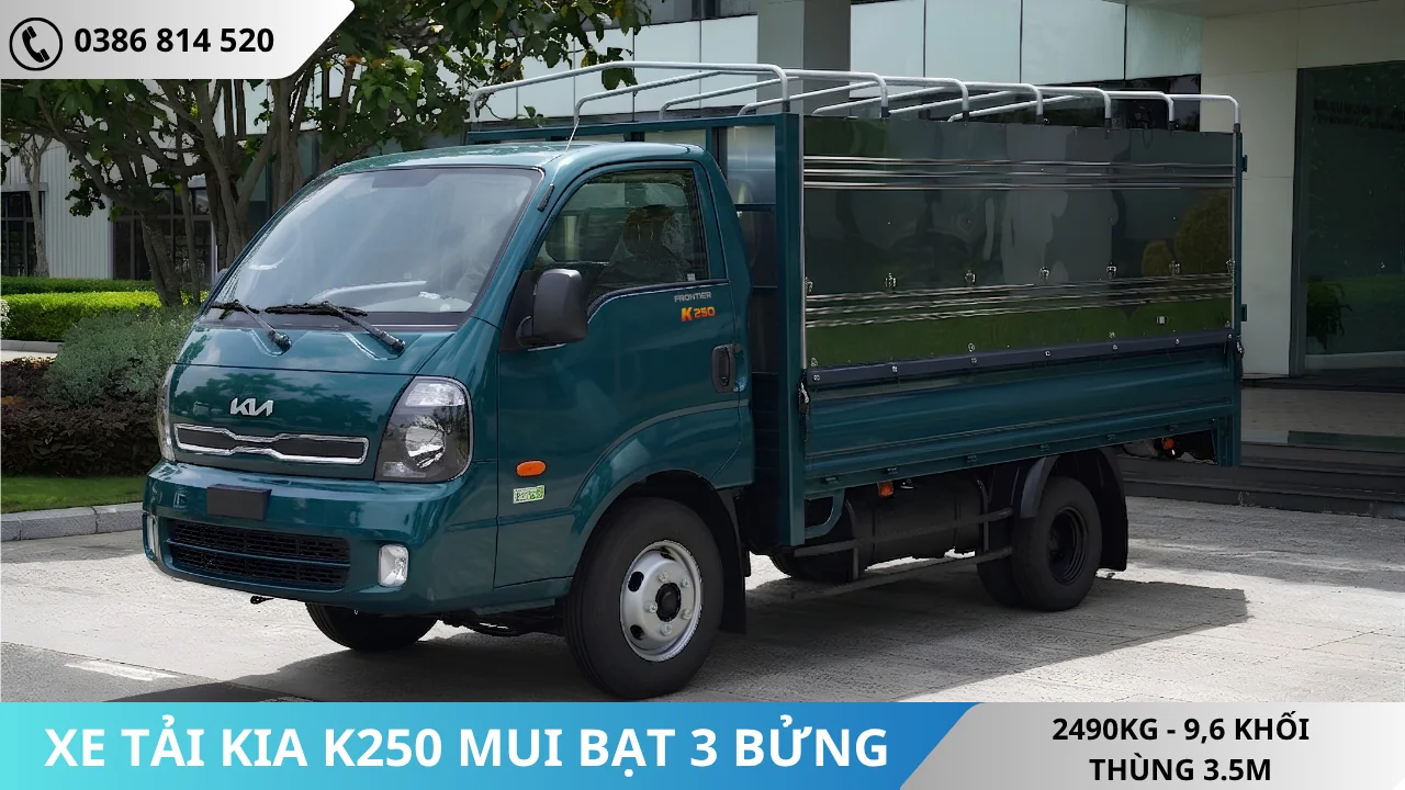 XE TẢI KIA K250 THÙNG MUI BẠT MỞ 3 BỬNG MÀU RÊU