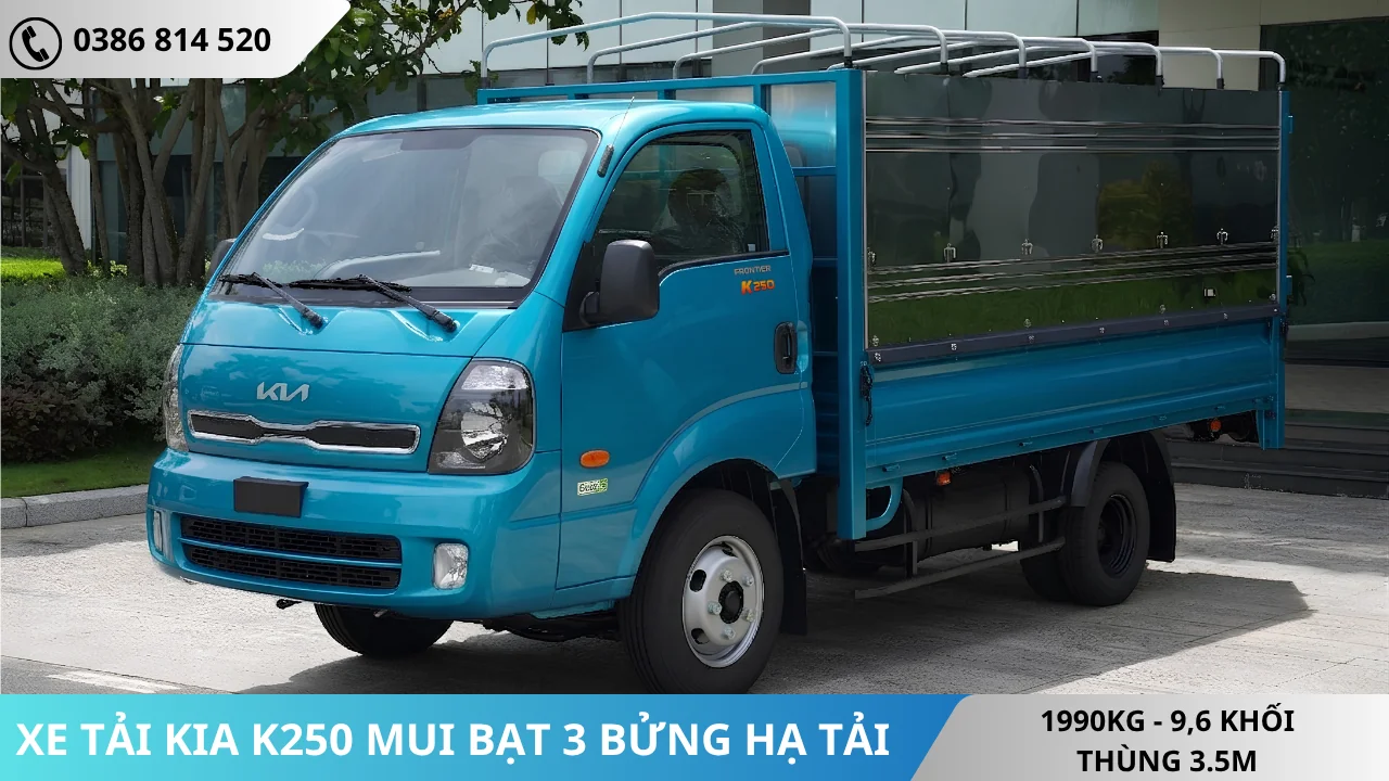 Xe tải Kia K250 hạ tải thùng mui bạt mở 3 bửng màu xanh dương