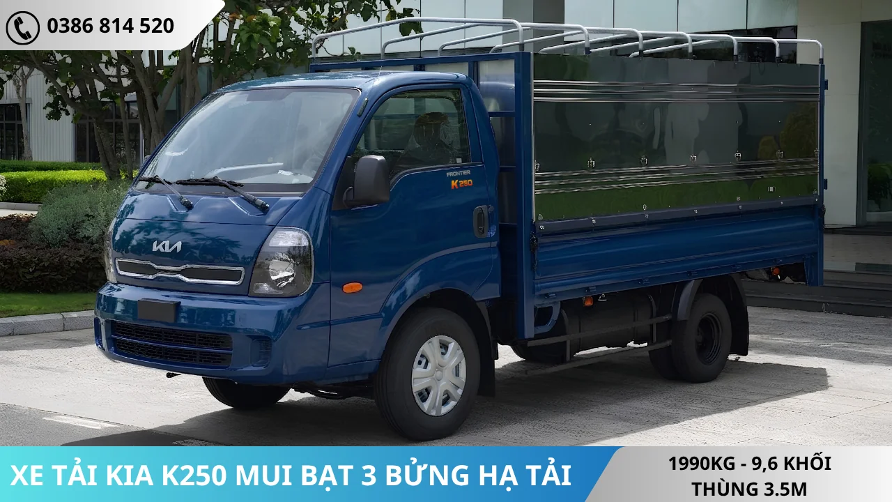 Xe tải Kia K250 hạ tải thùng mui bạt mở 3 bửng màu xanh