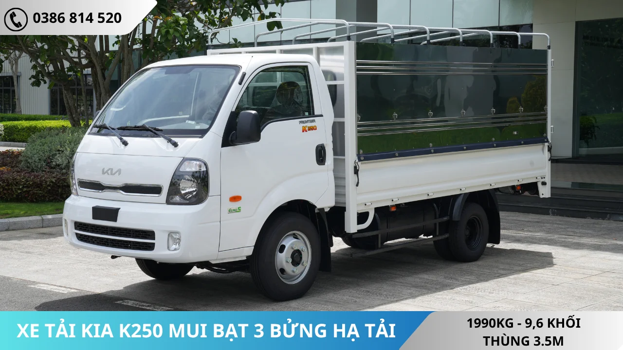 Xe tải Kia K250 hạ tải thùng mui bạt mở 3 bửng màu trắng